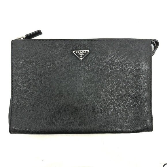 PRADA 2VN014 triangle plate Bag Leather Clutch bag Leather Black - Picture 1 of 14
